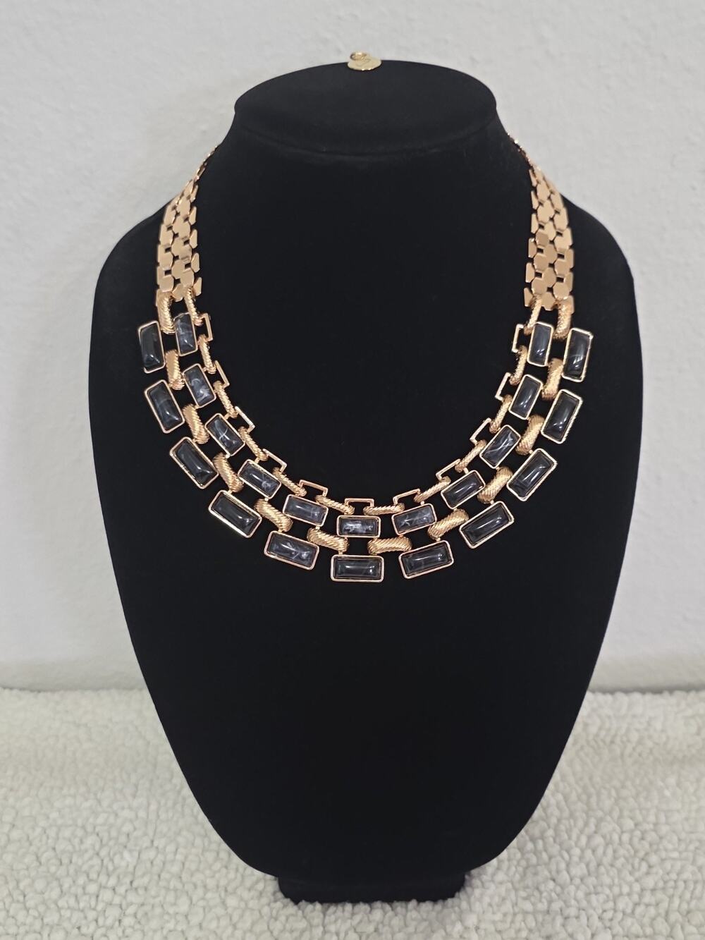 Cleopatra Style Statement Bib Necklace Faux Black Marbled Stones Gold Tone Metal